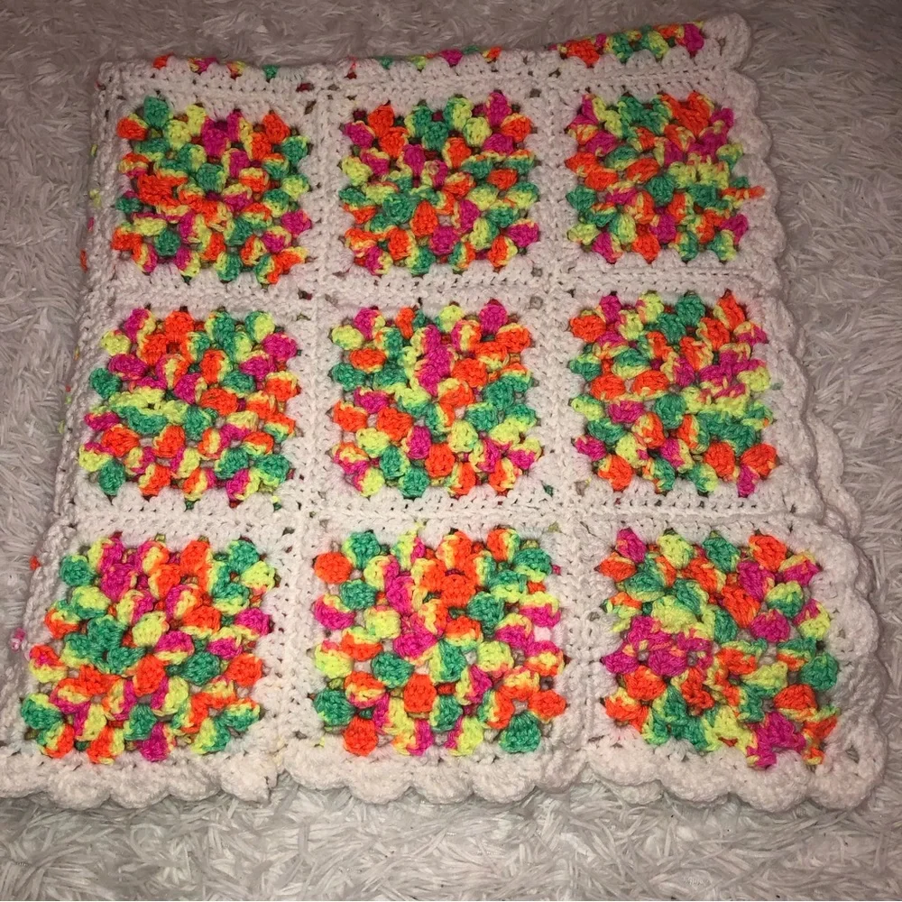 Handmade Crochet Blanket Granny Squares Bright Multi Color Blanket 35” x 34”